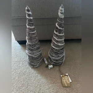 NEW 2 Pack  12" Natural Gray Snow Rattan Cone Battery Operated Lit Tree